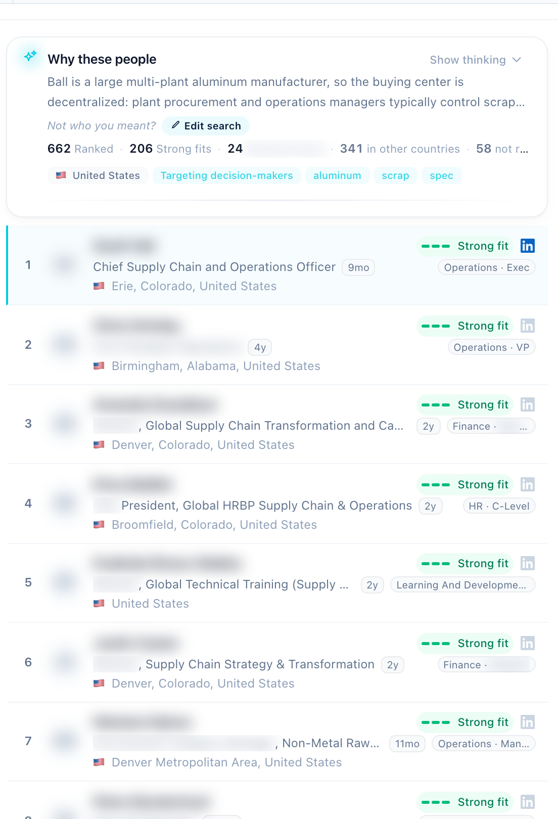 Ranked list for the same search: tiers, titles and the fit reason next to each person
