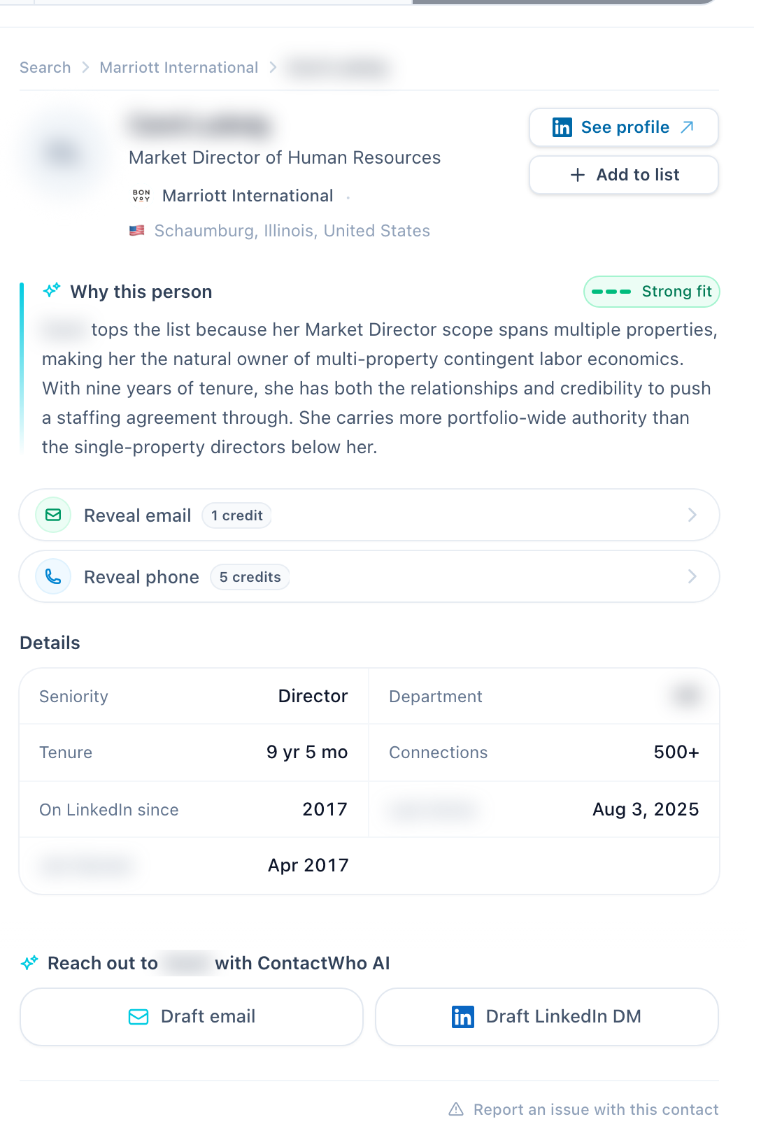 One person's "why this person" panel from a staffing search, showing the fit reasoning